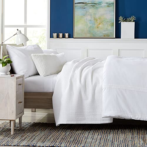 Full/Queen Cotton Waffle Weave Bed Blanket - White, Soft & Breathable