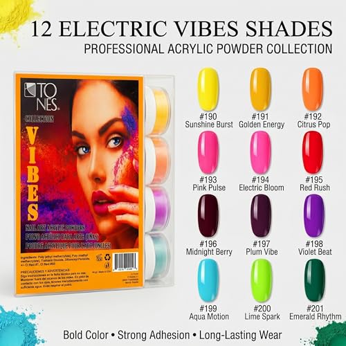 TONES Acrylic Powder Collection Vibes - 12 Shades Nail Art Set, Durable Finish