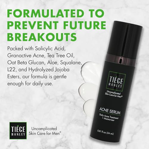 Tiege Hanley Acne Serum for Men, Facial Serum with Salicylic Acid, Granactive Complex & Tea Tree Oil for Blackheads, Visible Pores & Uneven Tone, Moisturizer for Oily Skin, Men¡¯s Skin Care, 0.8 fl oz