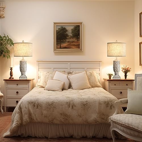 Fullarge 27.5-inch Cream/Oatmeal Farmhouse Table Lamps Set of 2 with USB Ports