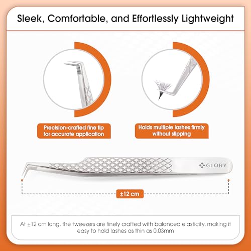 Glory 90 Degree Angle Lash Tweezers for Eyelash Extensions ? Precision Fiber Tip Diamond Grip Stainless Steel Lash Tool for Mega Volume, Classic & Professional Lash Tech Supplies