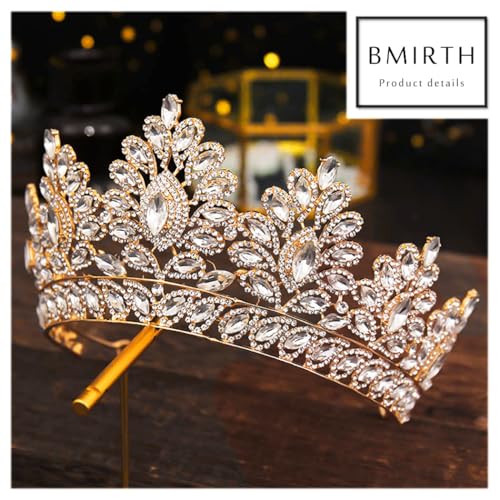 Baroque Crown and Tiara Gold Crystal Pearl Bride Wedding Queen Crowns Decorative Princess Tiaras Rhinestone Hair Accessories for Women and Girls (L)