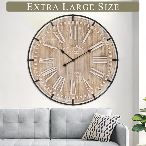 Farmhouse Wall Clock 30 Inch - Rustic Wood Metal Decor Silent Sweep Brown