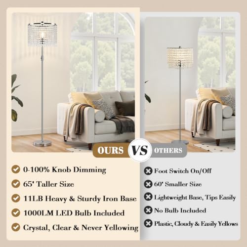 Dimmable Crystal Floor Lamp with Chrome-Clear Shade, LED Bulb Included, Tall Silver Standing Lamp for Living Room Bedroom Office