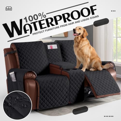 KinCam Waterproof Loveseat Recliner Cover Black 2 Seater with Console