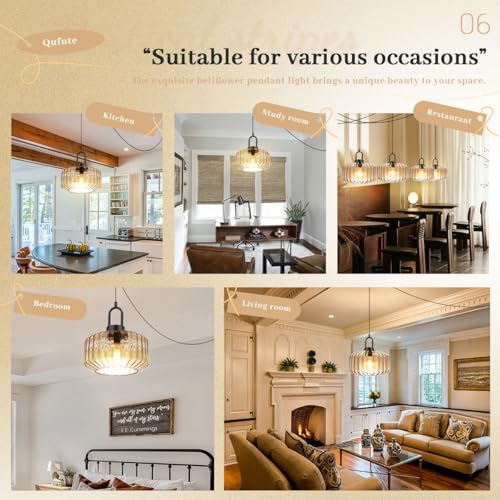 Amber Glass Plug-in Pendant Light with 14.7ft Cord & On/Off Switch - Modern Hanging Lamp for Living Room & Kitchen