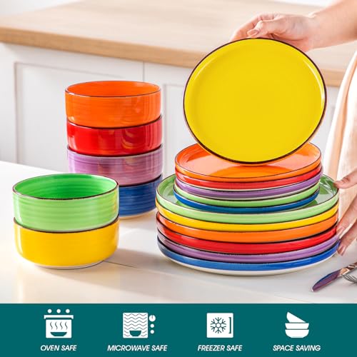 Multicolor 18-Piece Dinnerware Set for 6 - Stoneware Plates & Bowls, Dishwasher & Microwave Safe
