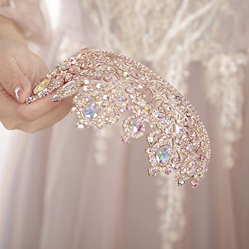 AB Rose Gold Vintage Rhinestone Tiara Crown for Women Bridal Prom Wedding Princess