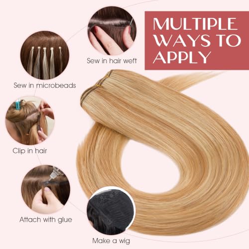 Human Hair Extensions 16 Inch Sew-In Wefts Blonde Brown Mix - Natural Look & Reusable