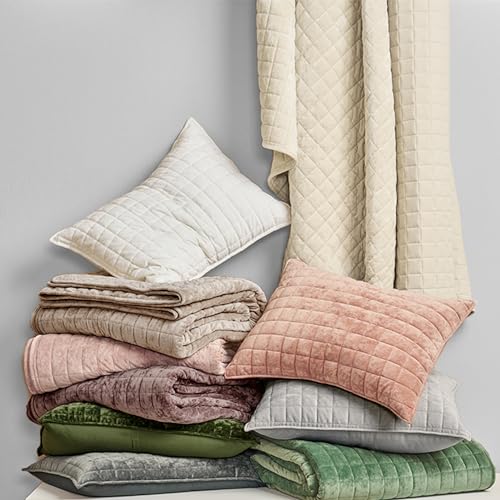 RECYCO King Size Velvet Quilt Set Beige 108" x 96" Channel Box Stitch Luxury Bedding