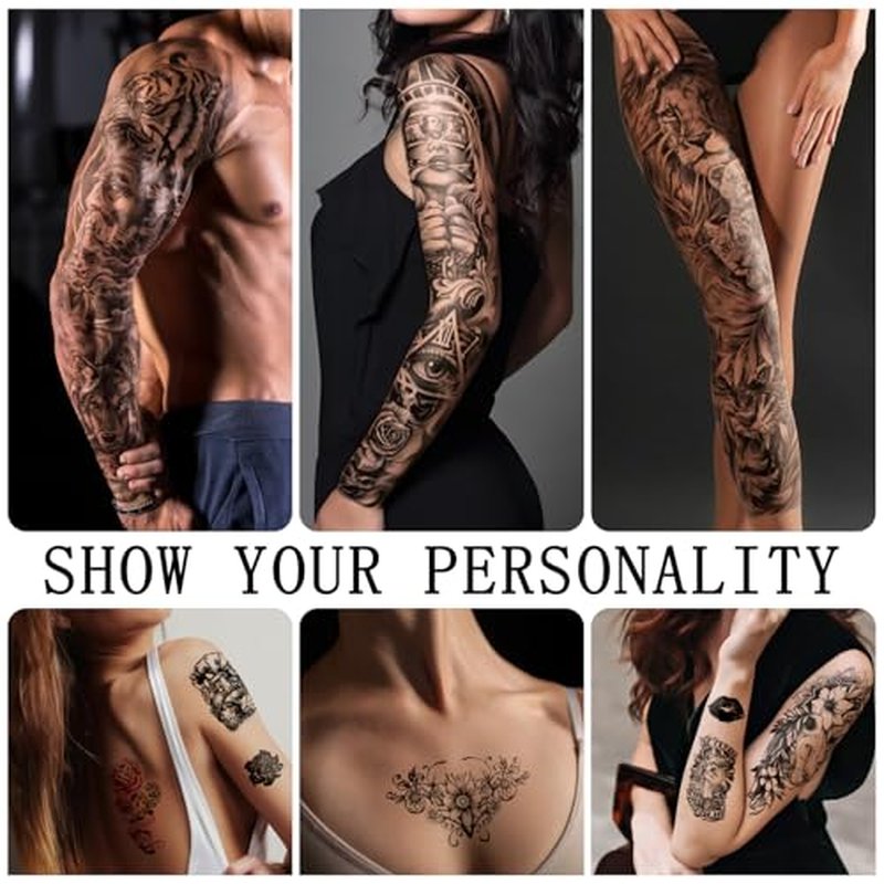 Full Arm Sleeve Temporary Tattoos for Men Women, 46 Sheets Fake Tattoos for Adults, Realistic Lion, Wolf, Eagle, Deer, Flower, Clock, Skeleton Design for Party Concert Daily Accessories