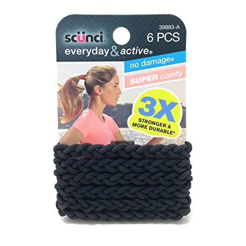 Scunci Everyday & Active Braided No Damage and Super Comfy Hair Elastics Bundle - Black and Multi-Colored, 3 Packs (18 Count)