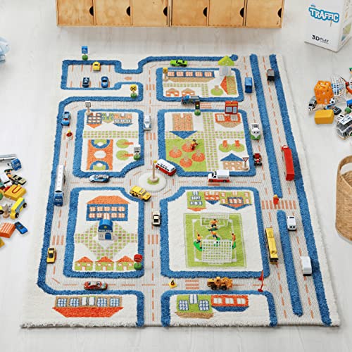 3D Play Rug Traffic Blue - Kids Playmat with Recessed Roads & Landscapes, 39x59 in