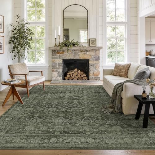 Green 8x10 Washable Boho Area Rug - Farmhouse Vintage Style for Living Room