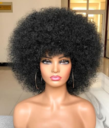 Short Afro Wig with Bangs for Black Women - 70s Kinky Curly Premium Synthetic Wig, Natural Black