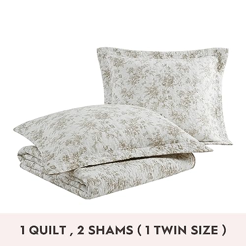 Queen Quilt Set with Matching Shams - Reversible Floral Cotton Bedding - Walled Garden Brown