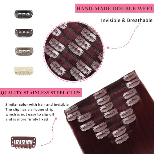 Burgundy Clip-In Hair Extensions 14 Inch 3.2oz Remy Human Hair Set for Women