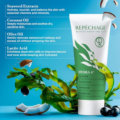 Repechage Hydra 4 Cleanser for Sensitive Skin ? Gentle Daily Facial Cleanser with Seaweed Extracts, Coconut & Olive Oils, Lactic Acid for Light Exfoliation & Removes Makeup, Balances Skin, 177mL / 6oz