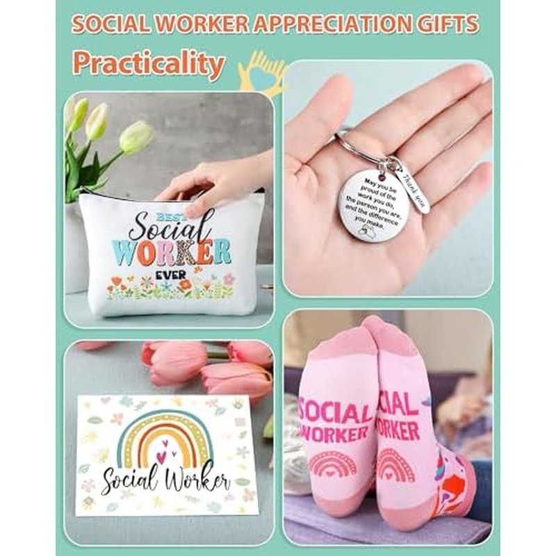 48 Pcs Novelty Social Worker Gifts Bulk Include Funny Cotton Ankle Socks Makeup Bag Keychain Greeting Card for Thank You Appreciation Birthday Graduation Gifts Supplies