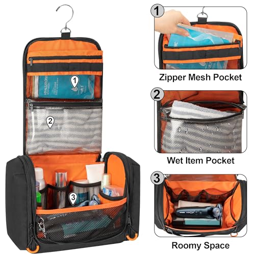 Men's Large Hanging Toiletry Bag with Multiple Compartments - Black
