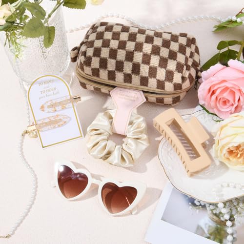 6 Sets Bridesmaid Proposal Gift Set with Hair Clips Scrunchies Sunglasses & Makeup Bag - Brown Checkered
