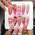 Long Almond Press On Nails with 3D Strawberry Fruit Design - Reusable Fake Nails Kit - Strawberry Feast Variation