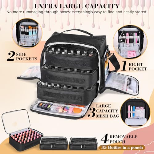 Nail Polish Organizer Holds 105 Bottles, Extra Large Capacity with 3 Removable, Pouches Portable Manicurist Travel Bag for Manicure Tools, Nail Lamp