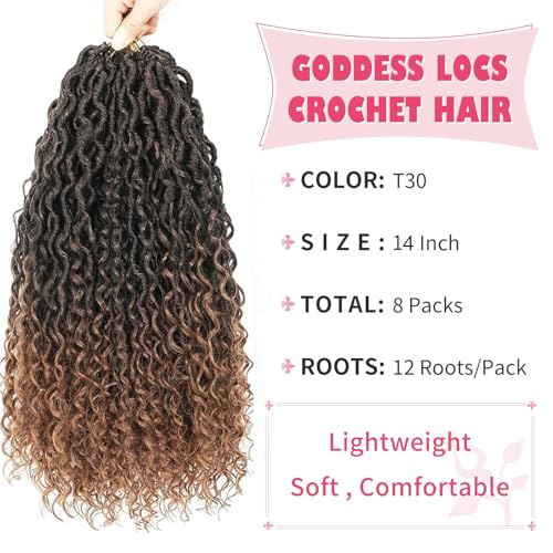 Alicoco Goddess Locs Crochet Hair 14 Inch 8 Packs - Boho Faux Locs with Curly Ends, Pre-Looped for Women