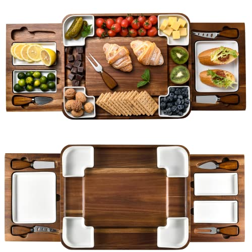 Expandable Acacia Cheese Board Set with Hidden Drawers & Cutlery - No Engraving