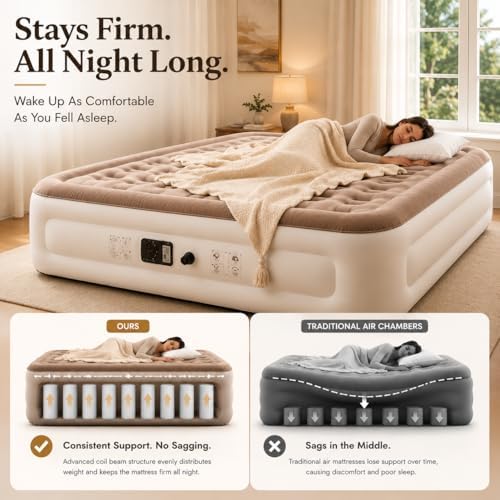 Etto Queen Air Mattress with Built-in Pump, 18-Inch Blow Up Bed, Brown, 650 lbs Support