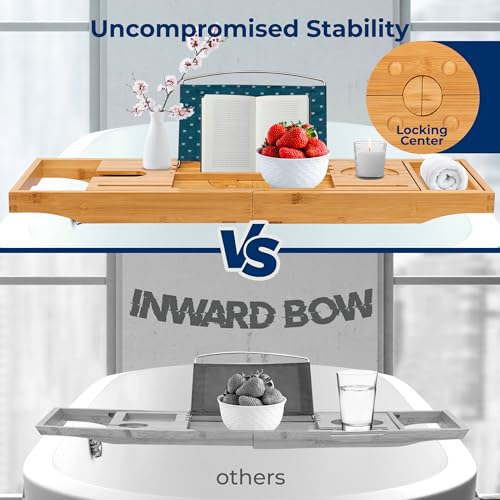 SereneLife 2-in-1 Foldable Bamboo Bathtub Caddy - Adjustable, Non-Slip, Device & Wine Glass Holder, Standard, Folding Set
