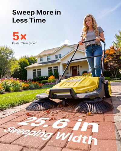 VEVOR Walk-Behind Hand Push Floor Sweeper - Yellow, 25.6-Inch Sweeping Width, 5-Gallon Waste Container, Adjustable Folding Handle