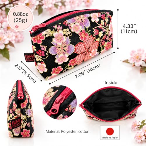 Small Traditional Edo Komon Makeup Bag with Cherry Blossom Design - Black Pink, Made in Japan