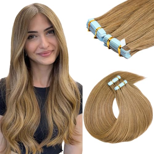 Tape in Hair Extensions Human Hair 16 Inch Light Brown 20 Pcs/50g - Remy Salon Quality