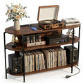Vinyl Record Player Stand with Power Outlets - 28.3 Inch Walnut Mid Century Console with 3 Tiers