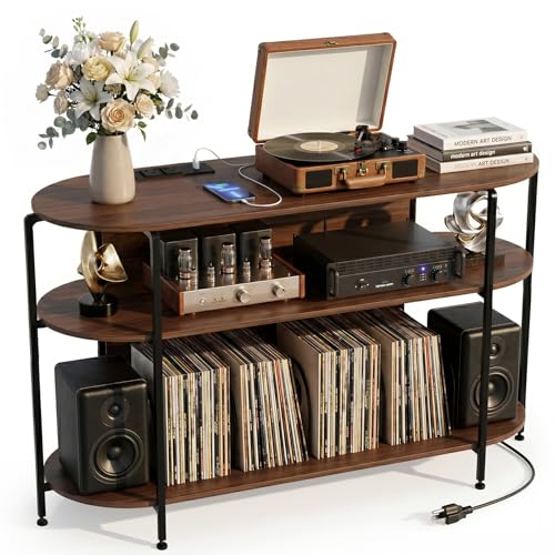 Vinyl Record Player Stand with Power Outlets - 28.3 Inch Walnut Mid Century Console with 3 Tiers