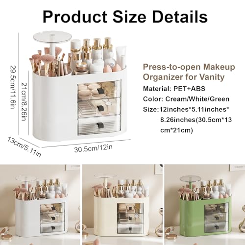 DASITON Makeup Organizer with 3 Drawers,Automatic Lifting Makeup Brush Holder with Lid,Large Capacity Makeup Organizers for Vanity,Bathroom Countertop,Ideal Storage Skin Care,Brushes,Lipstick (White)