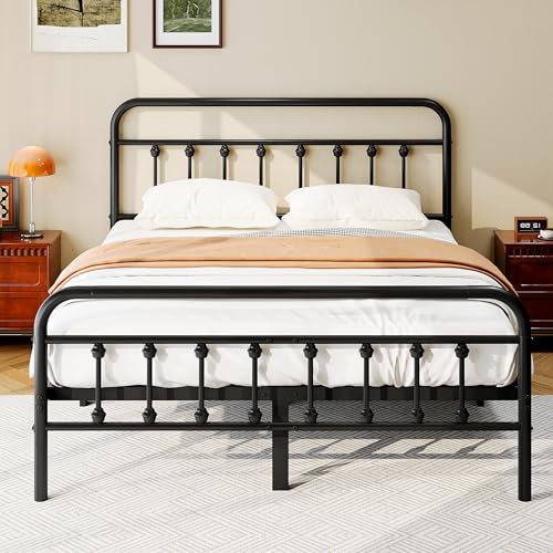Queen Size Metal Bed Frame with Victorian Headboard & Footboard (Zunatu)