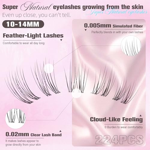Natural Lash Clusters Wispy Eyelash Clusters Short 10-12-14MM Cluster Eyelash Extensions Clear Band Cluster Lashes 224PCS C Curl Individual Lashes for Clean Girl DIY Pesta?as Postizas Naturales