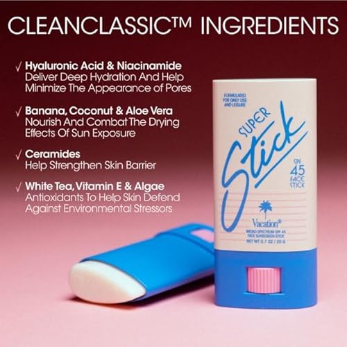Vacation Super Stick SPF 45, Clear Sunscreen for Face & Air Freshener Bundle, Travel Size Sunblock, Facial Sunscreen Stick with Hyaluronic Acid, Daily Sun Protection, Vegan, 0.7 Oz