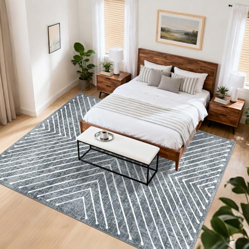 Large 8x10 Geometric Area Rug for Living Room - Non Slip, Washable, Grey