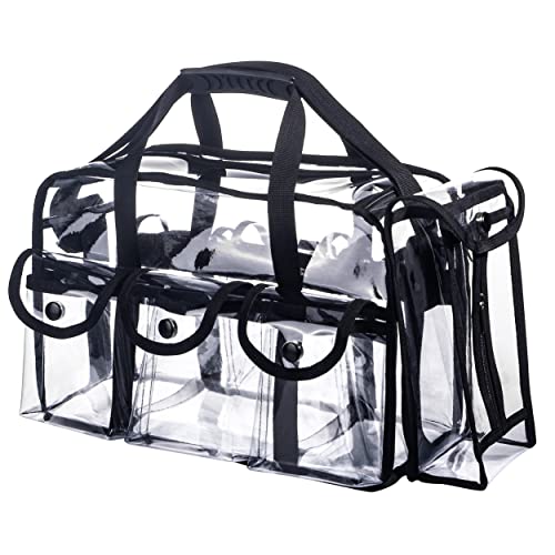 Large Clear PVC Travel Makeup Organizer Bag with 6 Pockets - Black