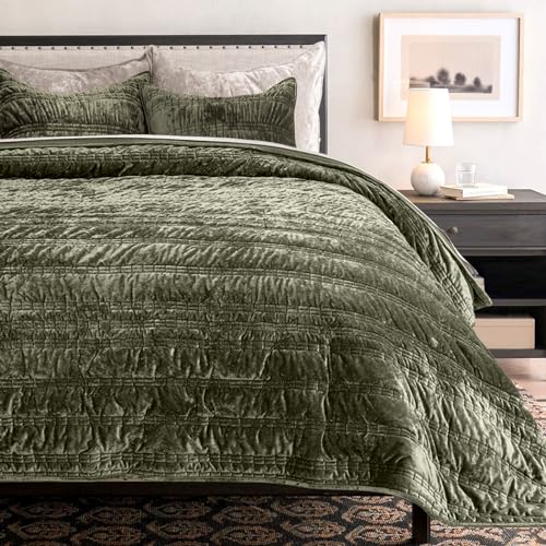 King Size Velvet Quilt Set with Ruched Texture - Olive Green, Lightweight & Luxurious