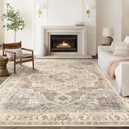 Micgeek 8x10 Beige Brown Washable Area Rug - Vintage Neutral Non-Slip Living Room Carpet