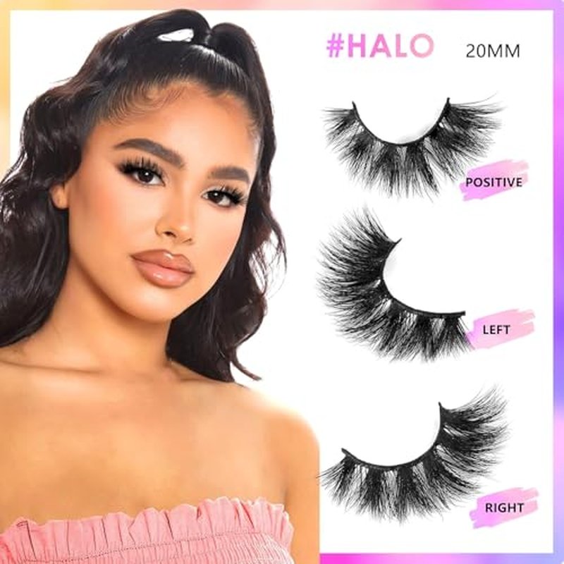 20mm Halo Mink Lashes, 3D Real Mink Eyelashes, 3 Pairs Cat Eye Lashes, Fluffy Dramatic False Eyelashes, 6D Long Thick Luxury Volume Strip Lash, Soft Reusable Non-Irritating Fake Lash