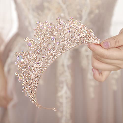 AB Rose Gold Vintage Rhinestone Tiara Crown for Women Bridal Prom Wedding Princess