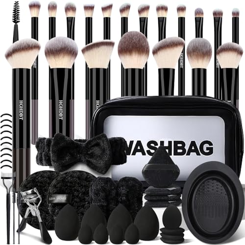 HGHDBT 57pcs Black Makeup Brush Set with Case - Professional Synthetic Face & Eye Brushes