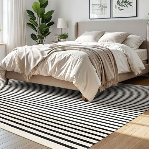 Indoor Outdoor Striped Area Rug - Washable Cotton Blend, 8x10 Light Beige & Black Variation