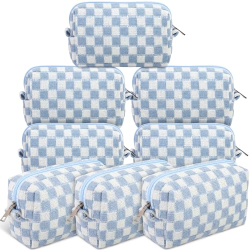 8 Pcs Checkered Makeup Bags Set - Small Cosmetic Pouch for Travel and Storage, Blue