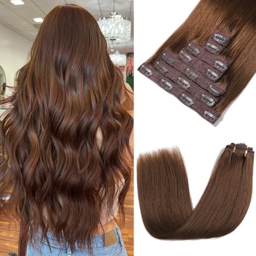 Clip in Hair Extensions 20 Inch Real Human Hair - Chocolate Brown, 7pcs
